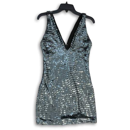 Womens Silver Sequin Sleeveless V-Neck Back Zip Mini Dress Size XS image number 1