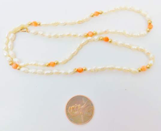 14K Gold Clasp & Ball Beads Angel Skin Coral & Pearls Beaded Necklace 6.8g image number 4