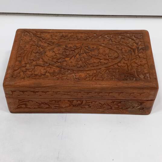 Hand Carved Wooden Floral Lined Jewelry Box image number 1