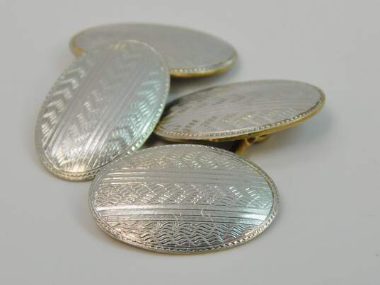 14K White & Yellow Gold Etched Chevron Pattern Oval Cufflinks 7.5g image number 1