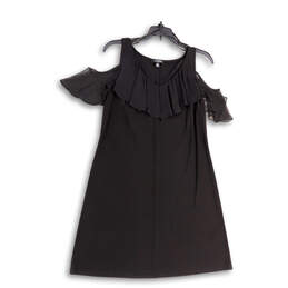 Womens Black Cold Shoulder Sleeve V-Neck Ruffle Knee Length Swing Dress M