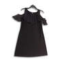 Womens Black Cold Shoulder Sleeve V-Neck Ruffle Knee Length Swing Dress M image number 1