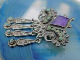 Vintage Mexico 925 Faceted Amethyst & Turquoise Cabochons Granulated Teardrop Charms Brooch 10.5g alternative image