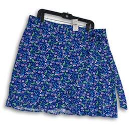 NWT Loft Womens Blue Floral Flat Front Ruffle Back Zip Wrap Skirt Size 16