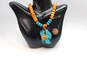Artisan 925 Turquoise Wire Wrapped Slab Pendant & Orange Dyed Howlite Beaded Statement Necklace 88g image number 5