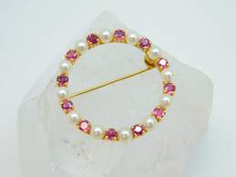 14K Yellow Gold Ruby & Pearl Open Circle Brooch 3.4g
