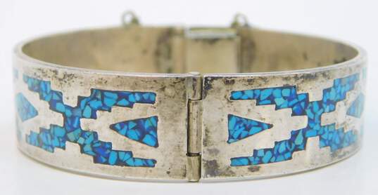 Vintage Taxco 925 Crushed Turquoise Inlay Bangle Bracelet w/ Safety Chain 46.2g image number 4