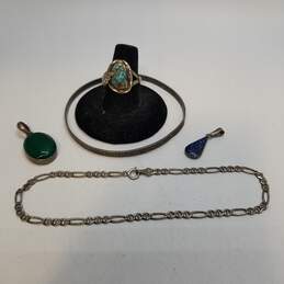 Sterling Silver Quartz Turquoise 2.5inch Bangle/9inch Figaro Bracelet/Sz 7 3/4 Ring/Pendant Bundle 5pcs 20.7g
