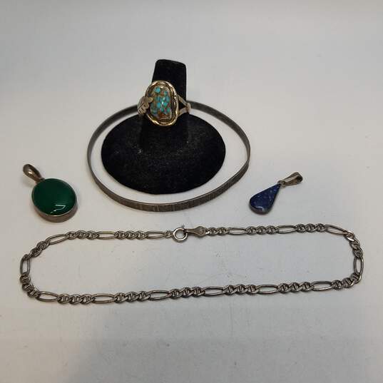 Sterling Silver Quartz Turquoise 2.5inch Bangle/9inch Figaro Bracelet/Sz 7 3/4 Ring/Pendant Bundle 5pcs 20.7g image number 1