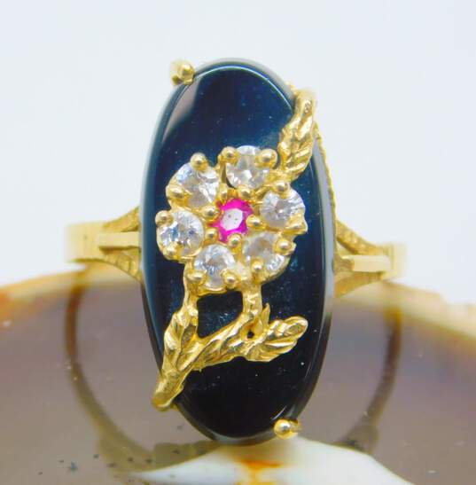 Romantic 14K Yellow Gold Ruby CZ & Onyx Flower Ring 3.5g image number 1