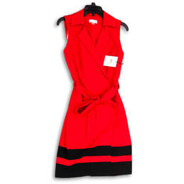 NWT Womens Red Sleeveless Notch Collar Tie Waist Wrap Dress Size 4