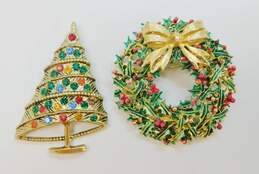 Vintage Arthur Pepper & Gold Tone Rhinestone Christmas Tree & Wreath Brooches 73.6g alternative image