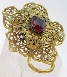Vintage Ornate Filigree Gold Tone Red Crystal Flower Brooch 15.4g alternative image