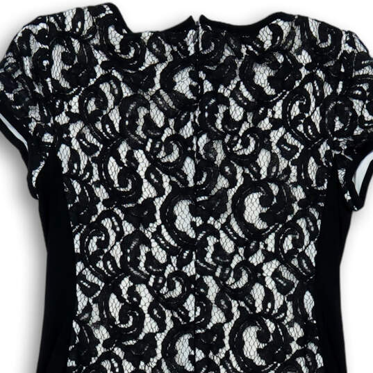 Womens Black Floral Lace Cap Sleeve Round Neck Short Sheath Dress Size 10 image number 4