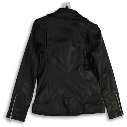 Womens Black Notch Lapel Asymmetrical Zip Long Sleeve Leather Jacket Size S image number 2