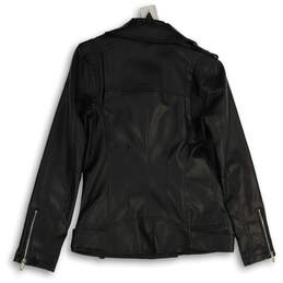 Womens Black Notch Lapel Asymmetrical Zip Long Sleeve Leather Jacket Size S alternative image