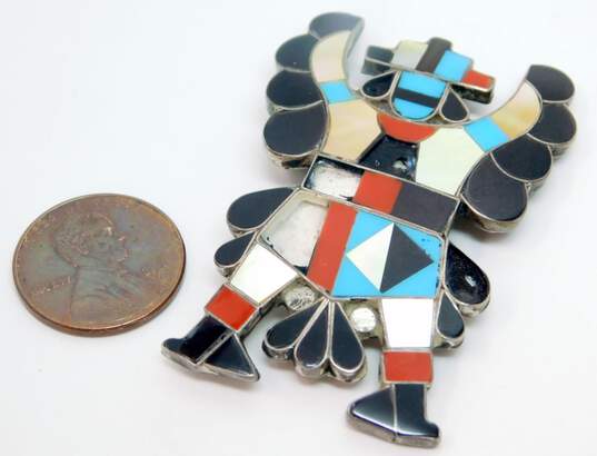 Artisan Zuni Snake Signed 925 Southwestern Faux Turquoise & Coral Mother of Pearl & Onyx Inlay Kachina Dancer Statement Brooch 13.2g image number 6