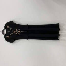 Womens Black Floral Embroidered V-Neck Short Sleeve A-Line Dress Size 14