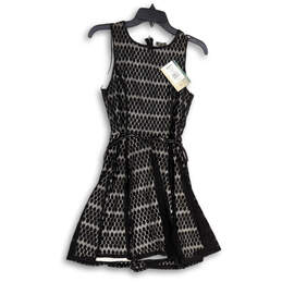 NWT Womens Black Geometric Round Neck Back Zip Fit & Flare Dress Size S