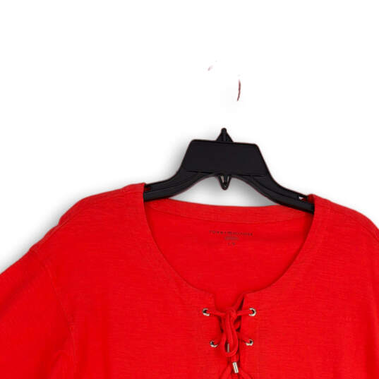 Womens Red Lace-Up Neck 3/4 Sleeve Pullover Blouse Top Size Large image number 3