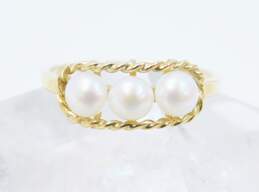 14K Gold Three White Pearls Rope Accent Band Ring 2.1g
