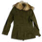 Womens Green Faux Fur Collar Long Sleeve Flap Pocket Military Jacket Size M image number 2
