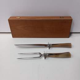 The Clement Antler Horn Carving Knife & Fork in Wooden Box
