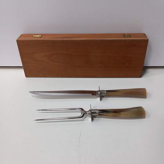The Clement Antler Horn Carving Knife & Fork in Wooden Box image number 1