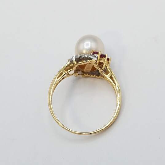 14K Gold Diamond Ruby & Cubic Zirconia FW Pearl Sz 5.75 Ring 3.0g image number 6