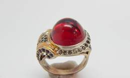 Vintage 925 Vermeil Red Glass Cabochon & Rhinestones Accented Scroll Unique Ring 8.3g