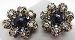 Vintage Hobe Silvertone Black Crystal & Rhinestones Bead Circle Clip On Earrings
