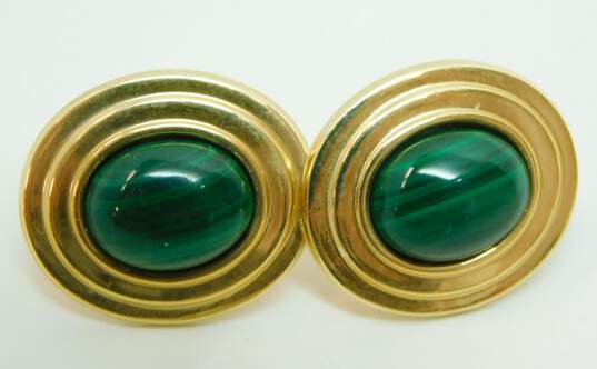 14K Gold Modernist Malachite Cabochon Tiered Oval Post Earrings 2.3g image number 4