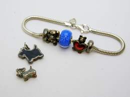 Artisan 925 Scottie Puppy Dog Enamel Heart Bear Blue Art Glass & Circle DIY Charms Chain Bracelet 25.3g