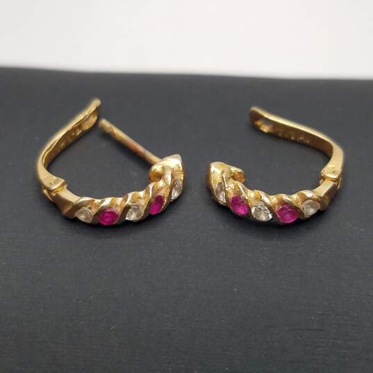 14K Gold Cubic Zirconia & Ruby Hoop Earrings Damage 1.9g image number 1