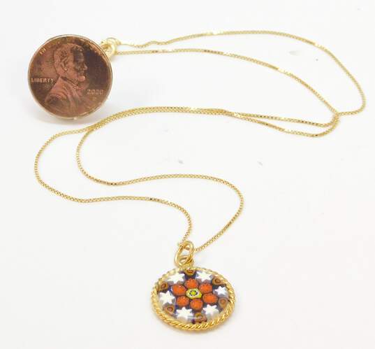 14K Gold Colorful Floral Art Glass Rope Circle Pendant Box Chain Necklace 3.0g image number 4