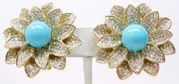 Joan Boyce Goldtone Faux Turquoise Ball & Rhinestones Pave Flower Clip On Earrings 41.4g alternative image