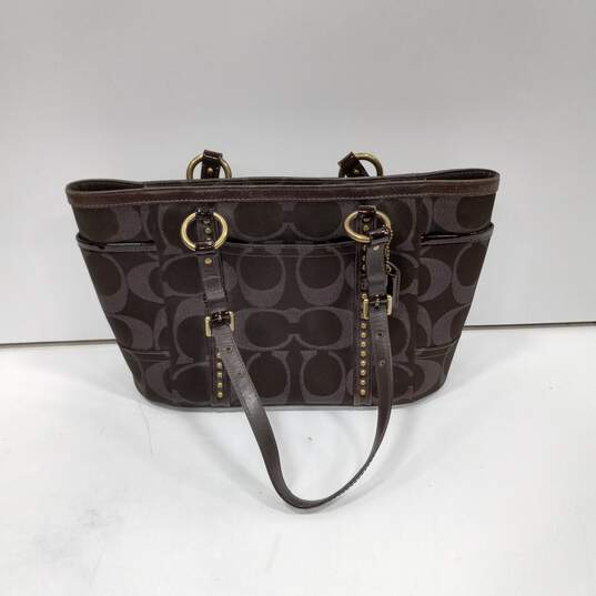 Women's Coach Signature Metallic and Brown Studded Shoulder Tote Purse image number 1