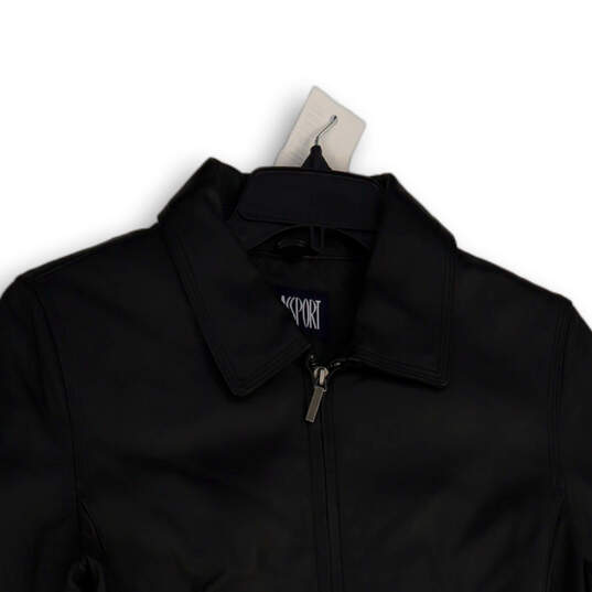 Womens Black Leather Collared Long Sleeve Full-Zip Jacket Size Medium image number 3