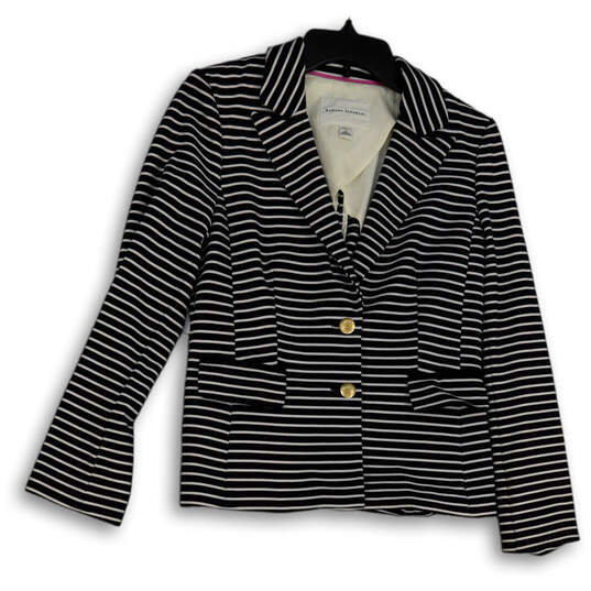 Womens Black White Striped Pockets Single Breasted Two Button Blazer Size 4 image number 1