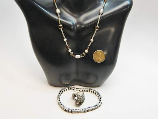 Romantic 925 Marcasite Pearl & Rhinestone Necklace Bracelet & Ring 37.2g image number 5