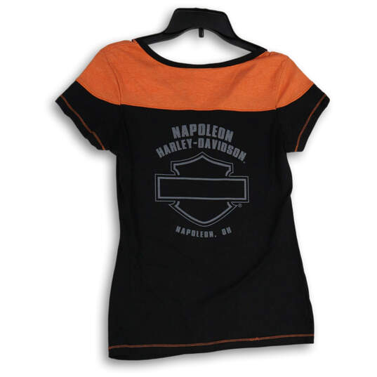 NWT Womens Black Orange Graphic Print Short Sleeve V-Neck T-Shirt Size M image number 2