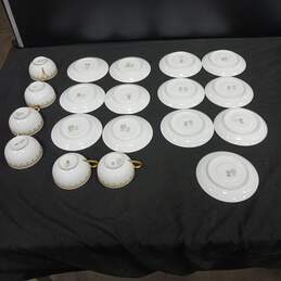 Bundle of 13 Saucers and 6 Cups that are White w/Gold Tone Trim alternative image