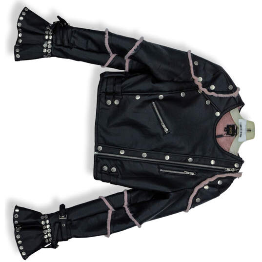 Womens Black Pink Studded Full-Zip Leather Cropped Motorcycle Jacket Sz M image number 1