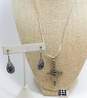 Taxco 925 Fleur De Lis Cross Pendant Necklace Scroll Earrings & Black Lines Ring image number 1