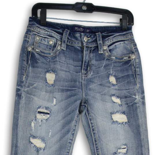 Womens Light Blue Denim Distressed 5-Pocket Design  Straight Leg Jeans Size 27 image number 3