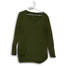 Womens Green Ribbed Long Sleeve Scoop Neck Stretch Pullover T-Shirt Size M