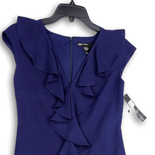 NWT Womens Blue Ruffled V-Neck Sleeveless Back Zip Sheath Dress Size 10P image number 2