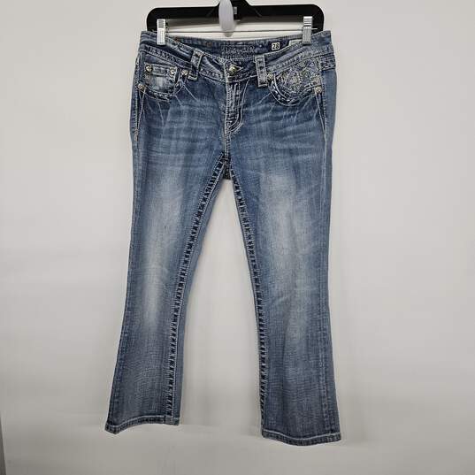Blue Denim Embellished Cropped Jeans image number 1