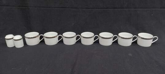 Bundle of 7 Nikko White Ceramic w/Silver Tone Rim Cups and Matching Salt & Pepper Shaker image number 1
