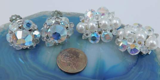 Vintage Aurora Borealis & Faux Pearl Silver Tone Multi Strand Necklace & Clip On Earrings 150.2g image number 8